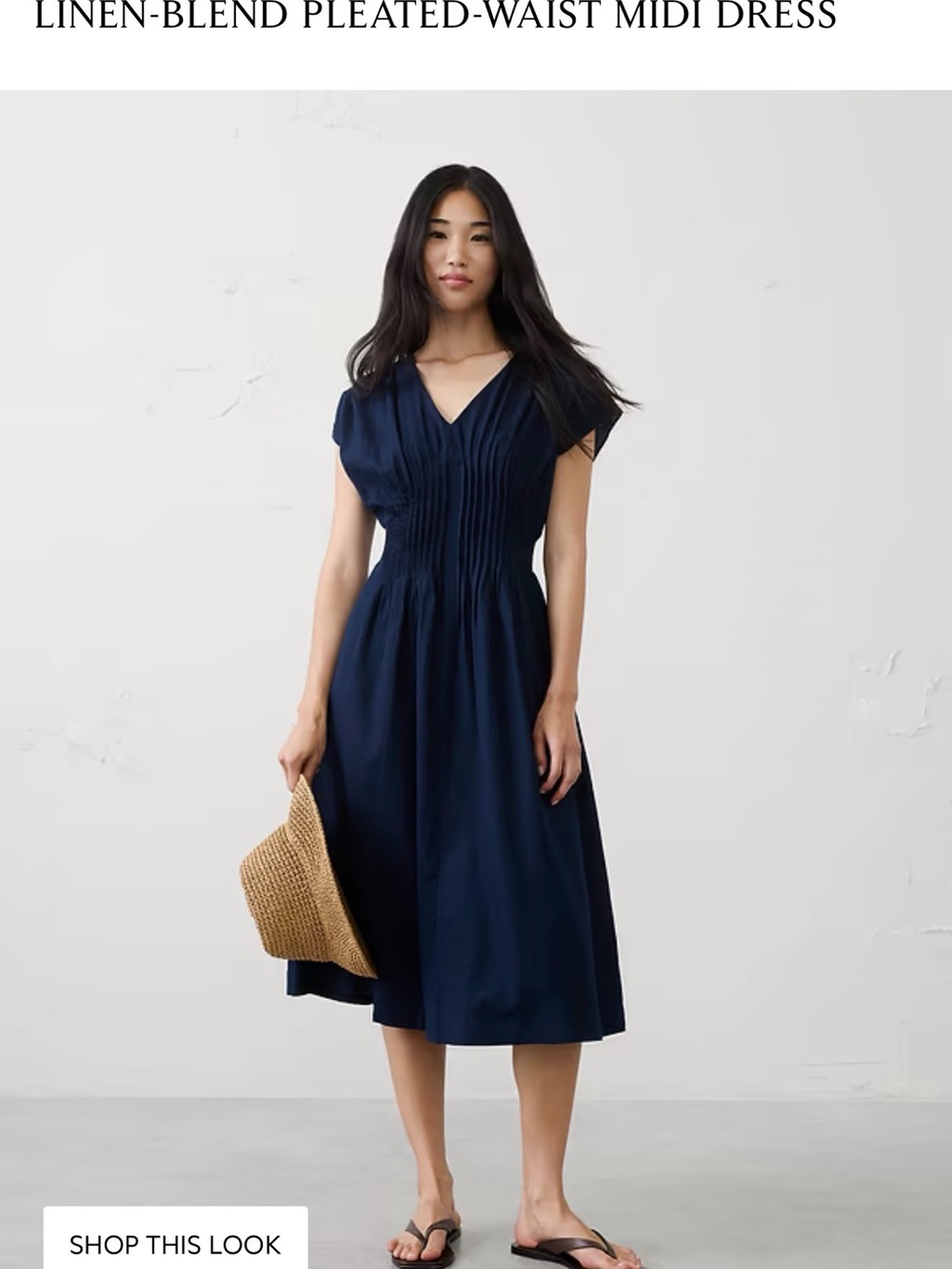 Navy linen-blend Pleated-Waist Midi Dress